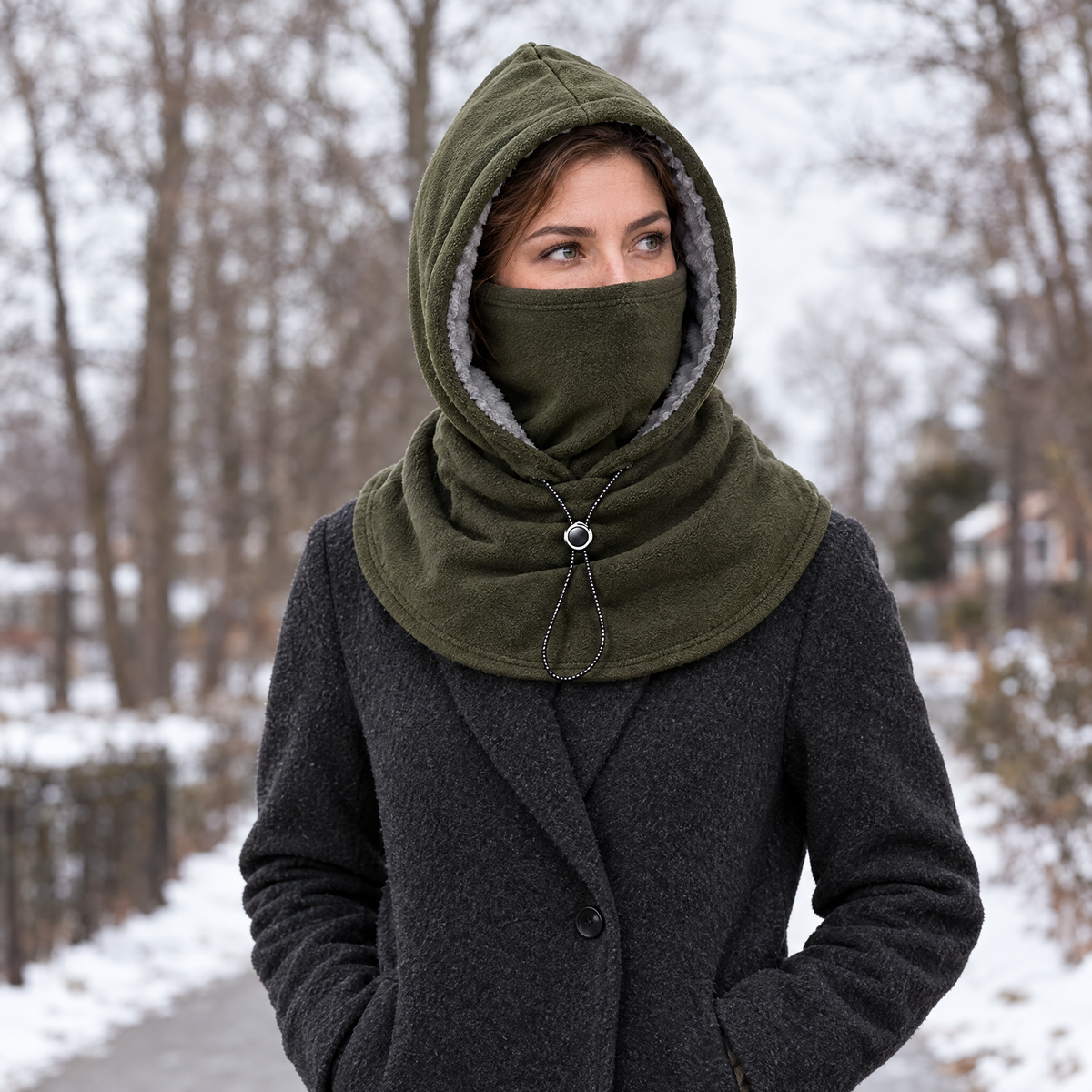 Olive integrated winter hood worn with a charcoal coat outdoors