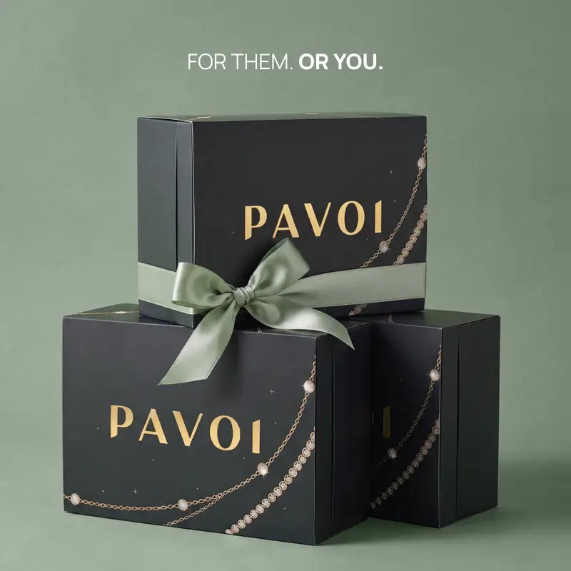 Two gift-ready PAVOI boxes with ribbon and For them. Or you. text