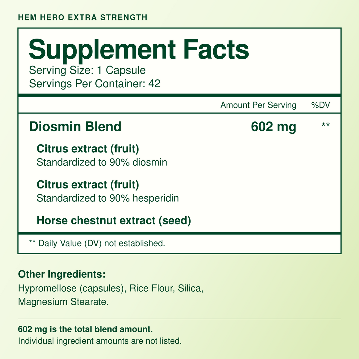 Hem Hero Supplement Facts, 602 mg combined blend, 42 capsules, and other ingredients