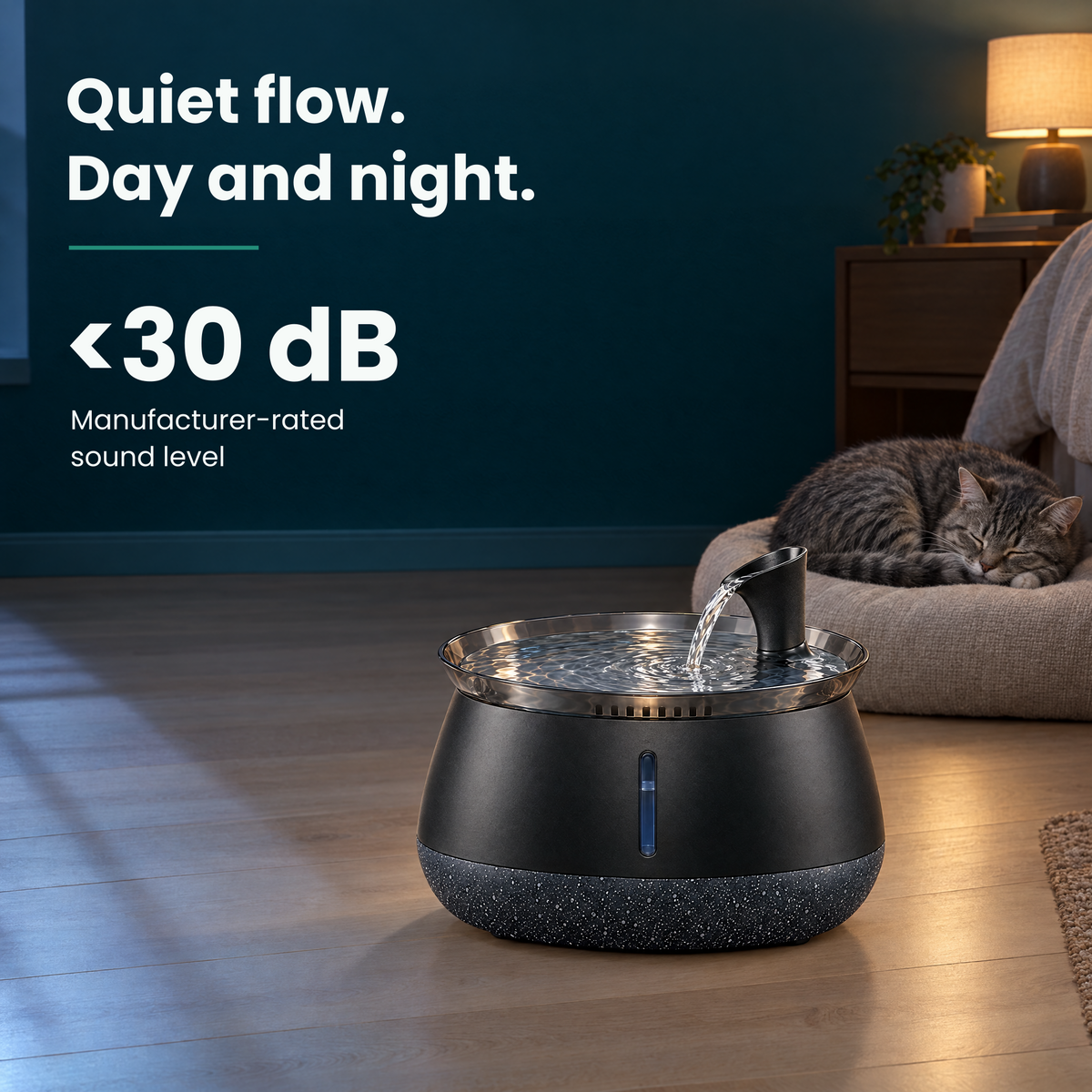 HydrateWell runs beside a sleeping cat at night. Quiet flow, day and night; manufacturer-rated sound level below thirty decibels.