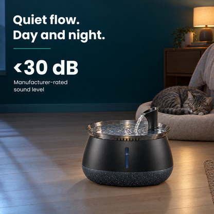 HydrateWell runs beside a sleeping cat at night. Quiet flow, day and night; manufacturer-rated sound level below thirty decibels.