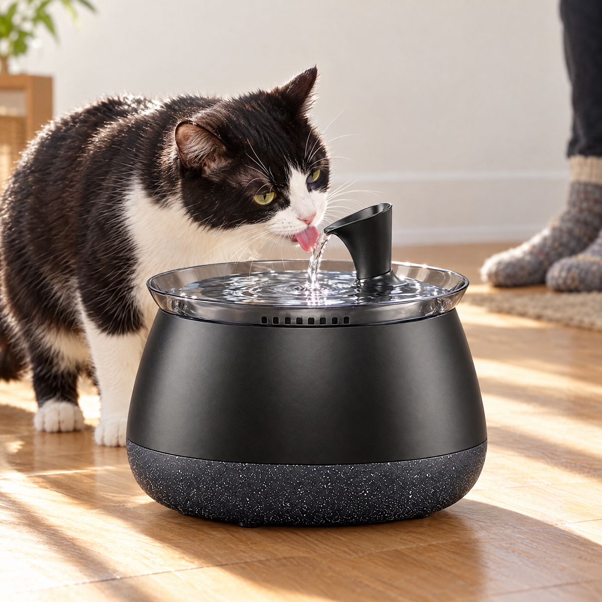 A black-and-white cat drinks from the flowing HydrateWell fountain in a sunlit room.