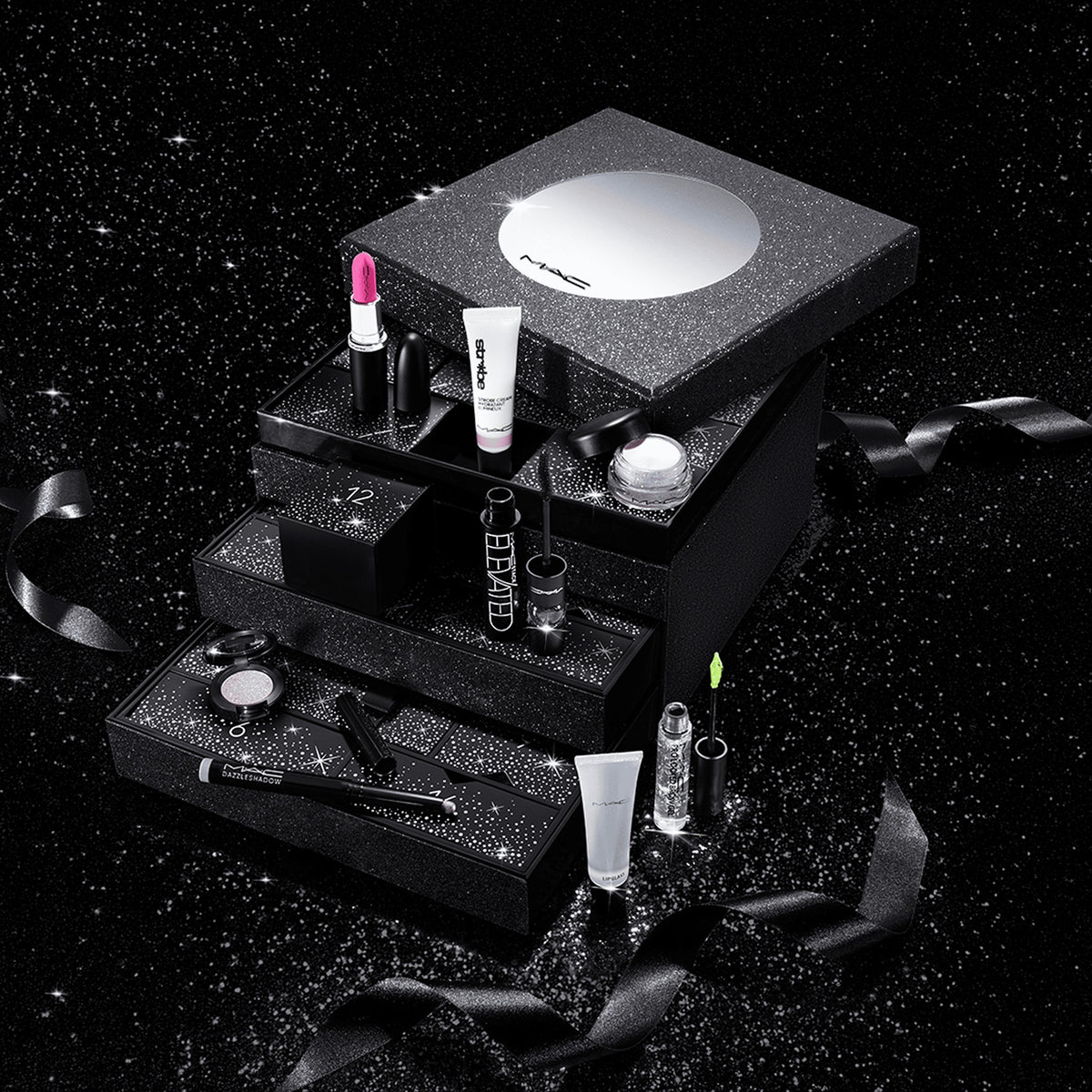 MAC Icons Advent Calendar open drawers with included makeup and skincare