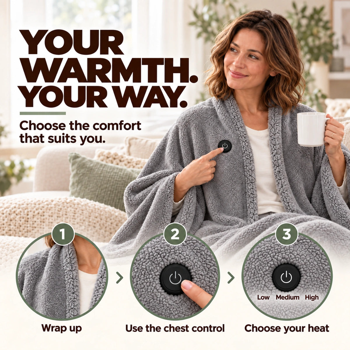 How to wear the heated blanket and choose warmth using the chest control