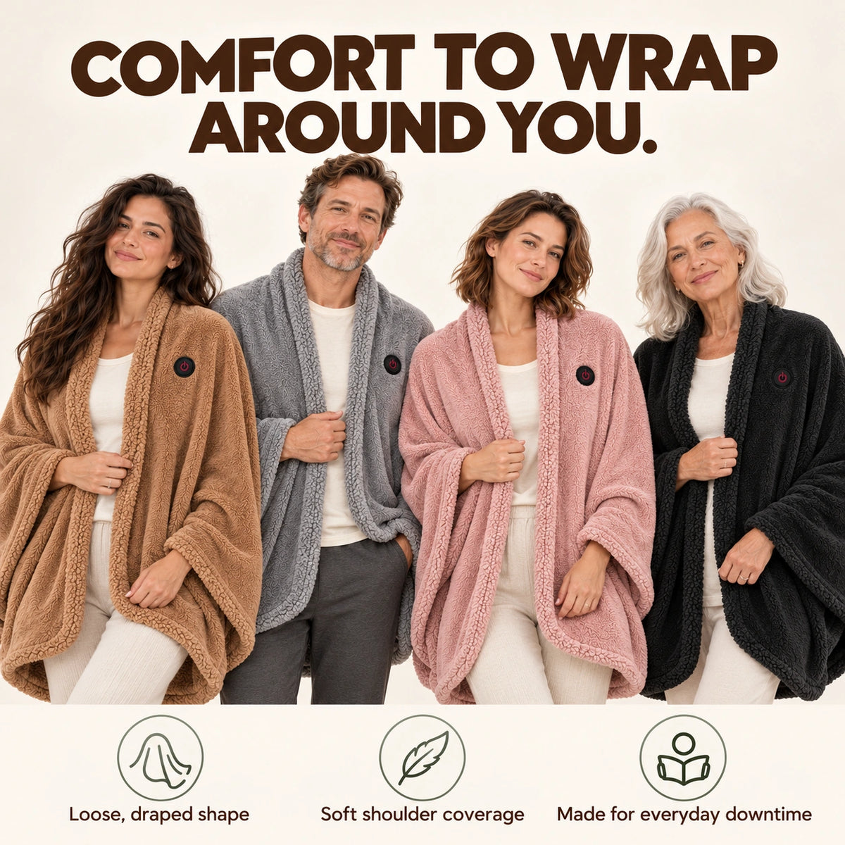 Adults wearing the heated wearable blanket in four colors