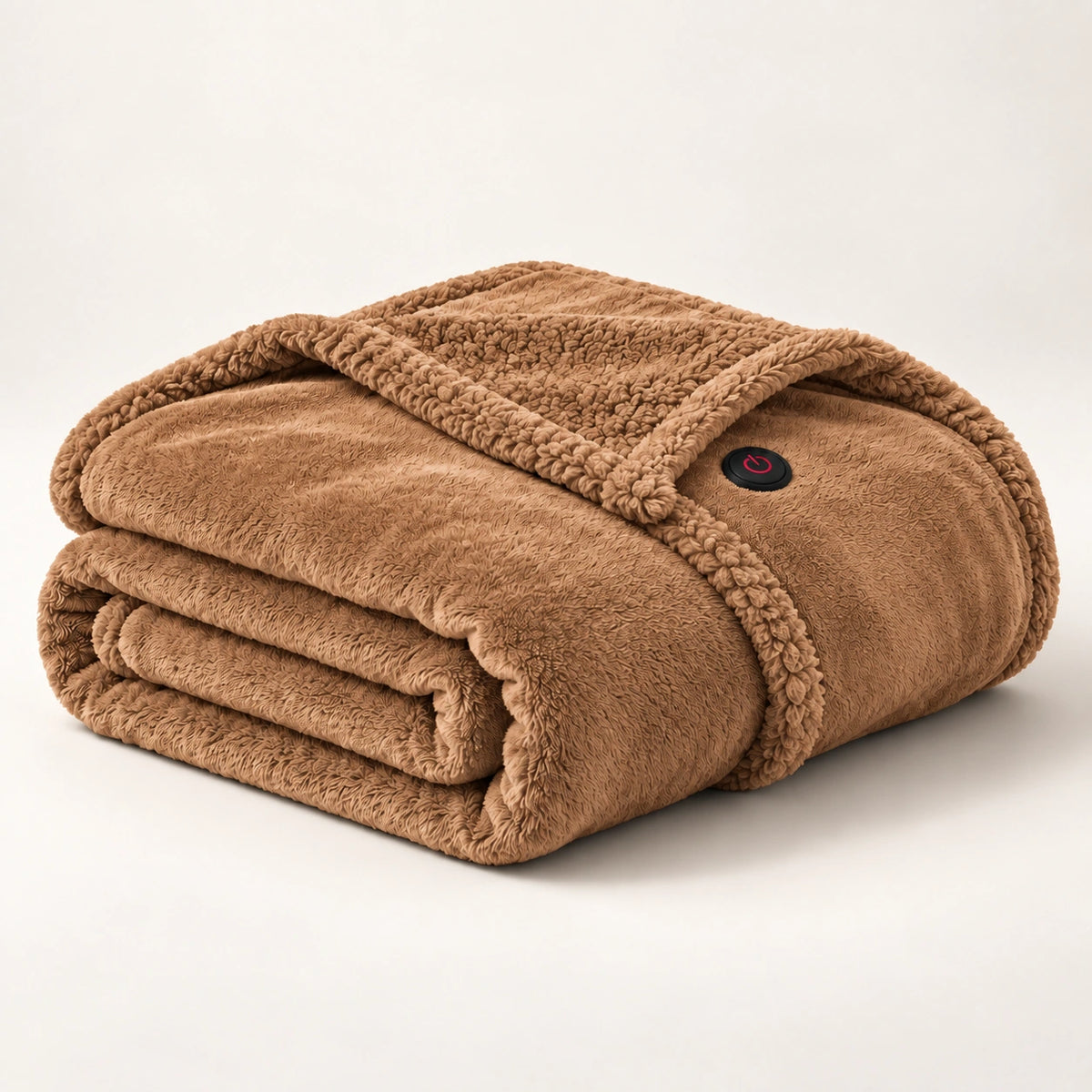 Caramel heated wearable blanket folded on an ivory studio background