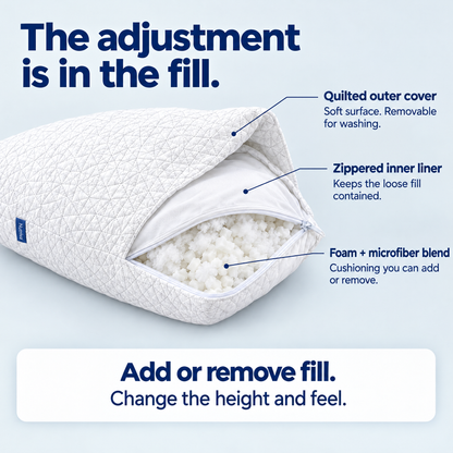 Nutriva pillow cutaway showing a quilted washable outer cover, zippered inner liner, and adjustable foam-and-microfiber filling