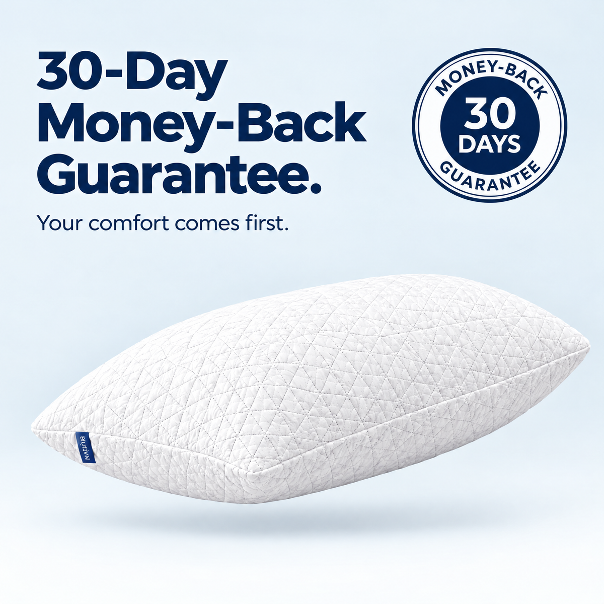 Nutriva quilted pillow with a navy 30-day money-back guarantee seal and the message Your comfort comes first
