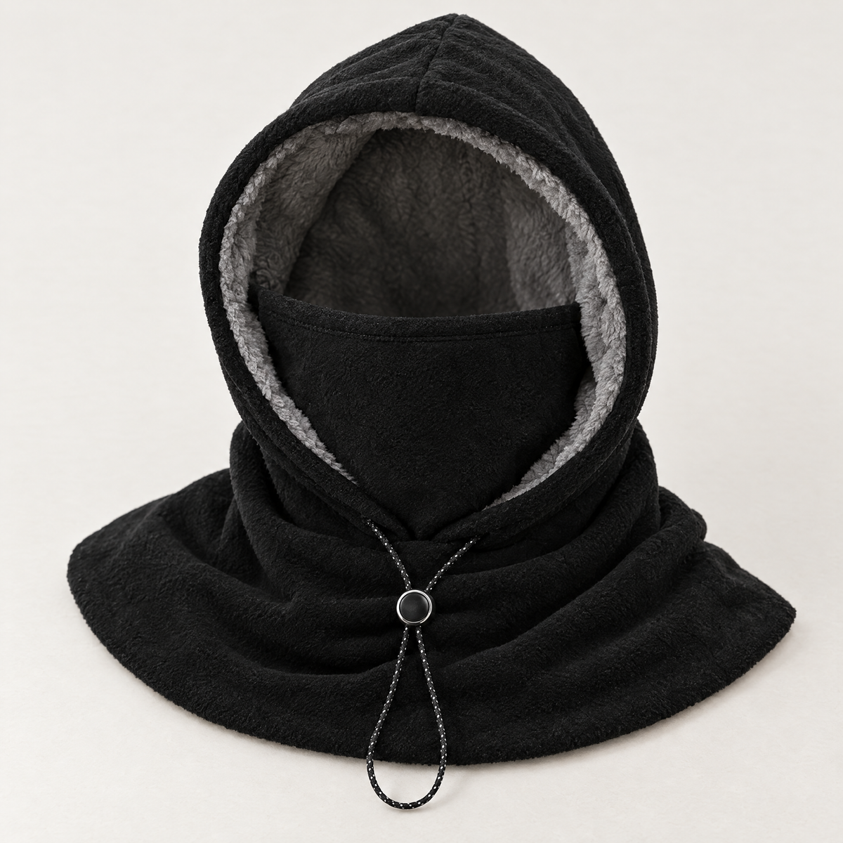 Black integrated fleece hood showing the gray lining and front toggle
