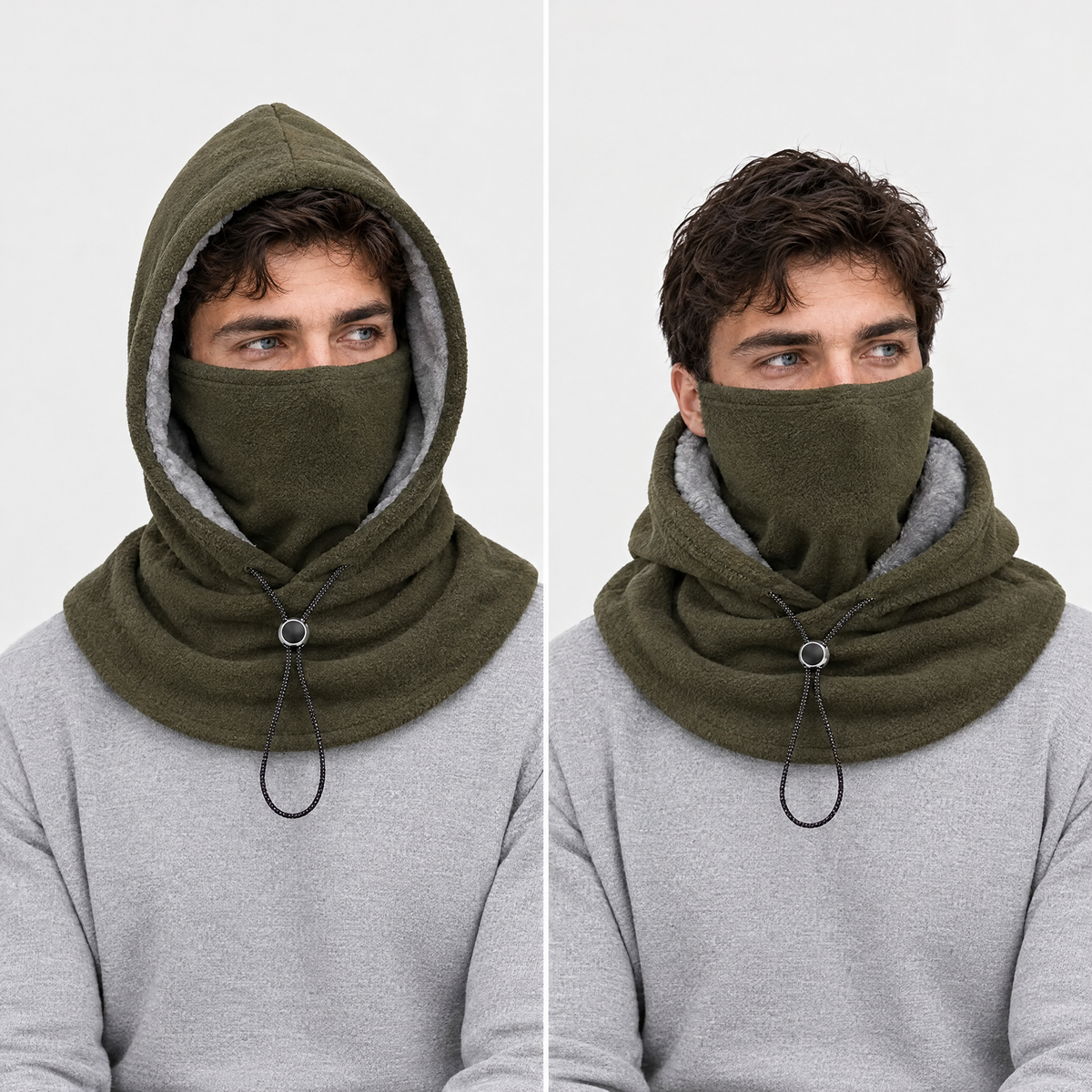 Olive winter hood demonstrated with the hood raised and lowered