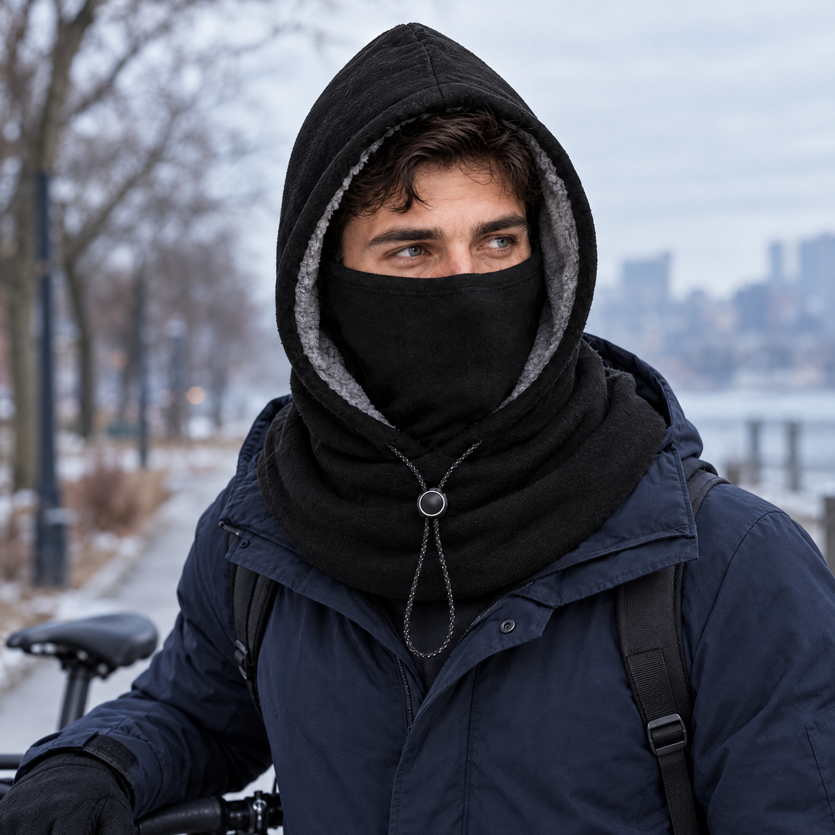 Black integrated winter hood worn outdoors beside a commuter bicycle