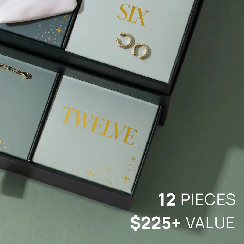 Close-up of numbered compartments, earrings, and 12 pieces / $225+ value text