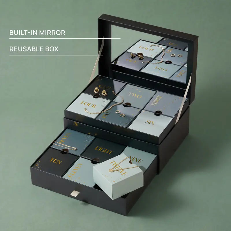 Open reusable advent box with built-in mirror and drawers