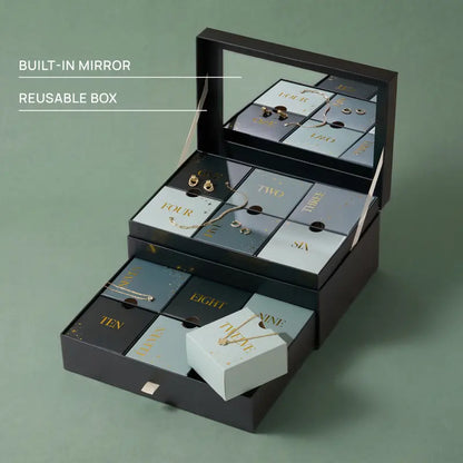 Open reusable advent box with built-in mirror and drawers