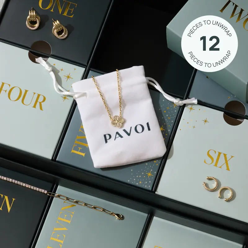Yellow gold jewelry, numbered compartments, and individual PAVOI pouch
