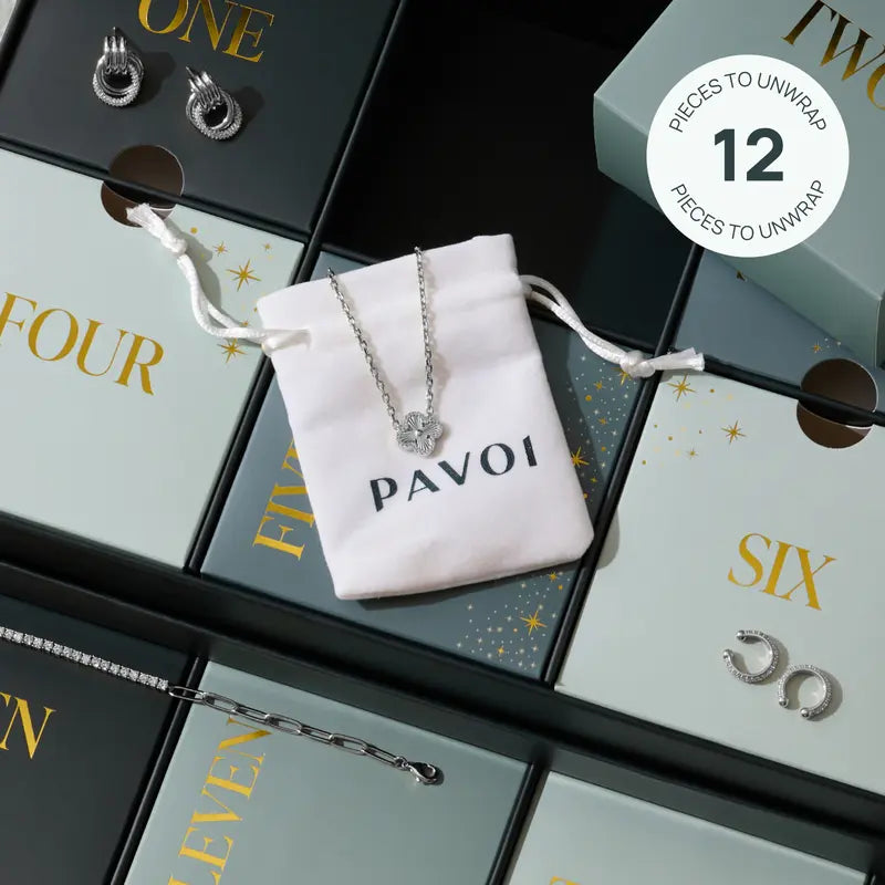 White gold jewelry, numbered compartments, and individual PAVOI pouch