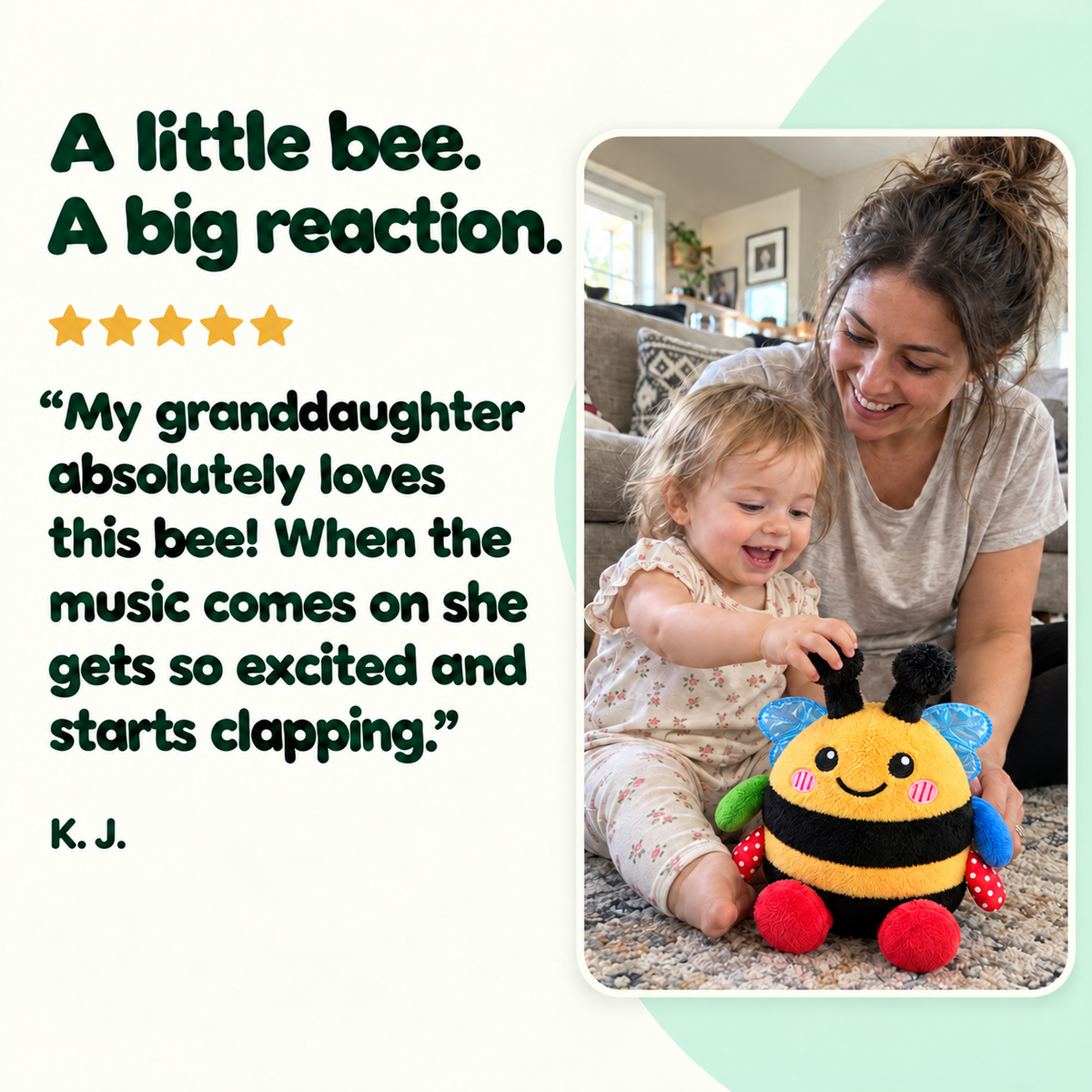 K. J. product review with mother and child playing with the Bee plush