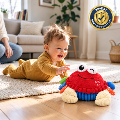 Musical dancing Crab plush with gold and navy 30-day money-back guarantee seal