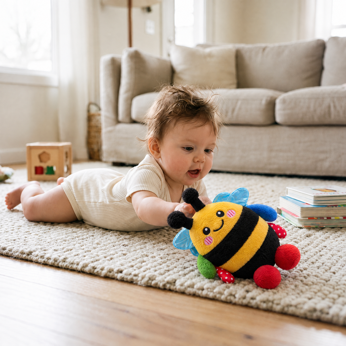 Bee musical plush tilted beside a baby during floor play