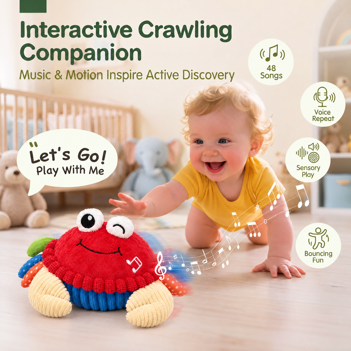 Interactive Crawling Companion — Crab plush with music, voice repeat, sensory play and bouncing features