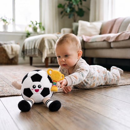 Soccer Ball plush with trophy beside a baby during floor play