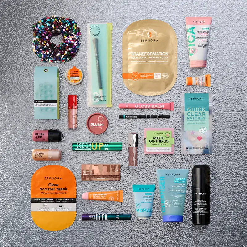 24 premium beauty surprises arranged in a flat lay
