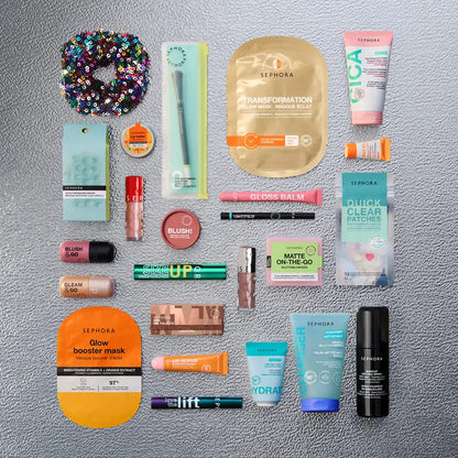 24 premium beauty surprises arranged in a flat lay