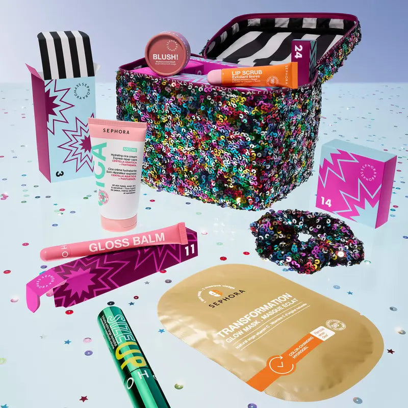Opened premium sequined case with numbered beauty surprises