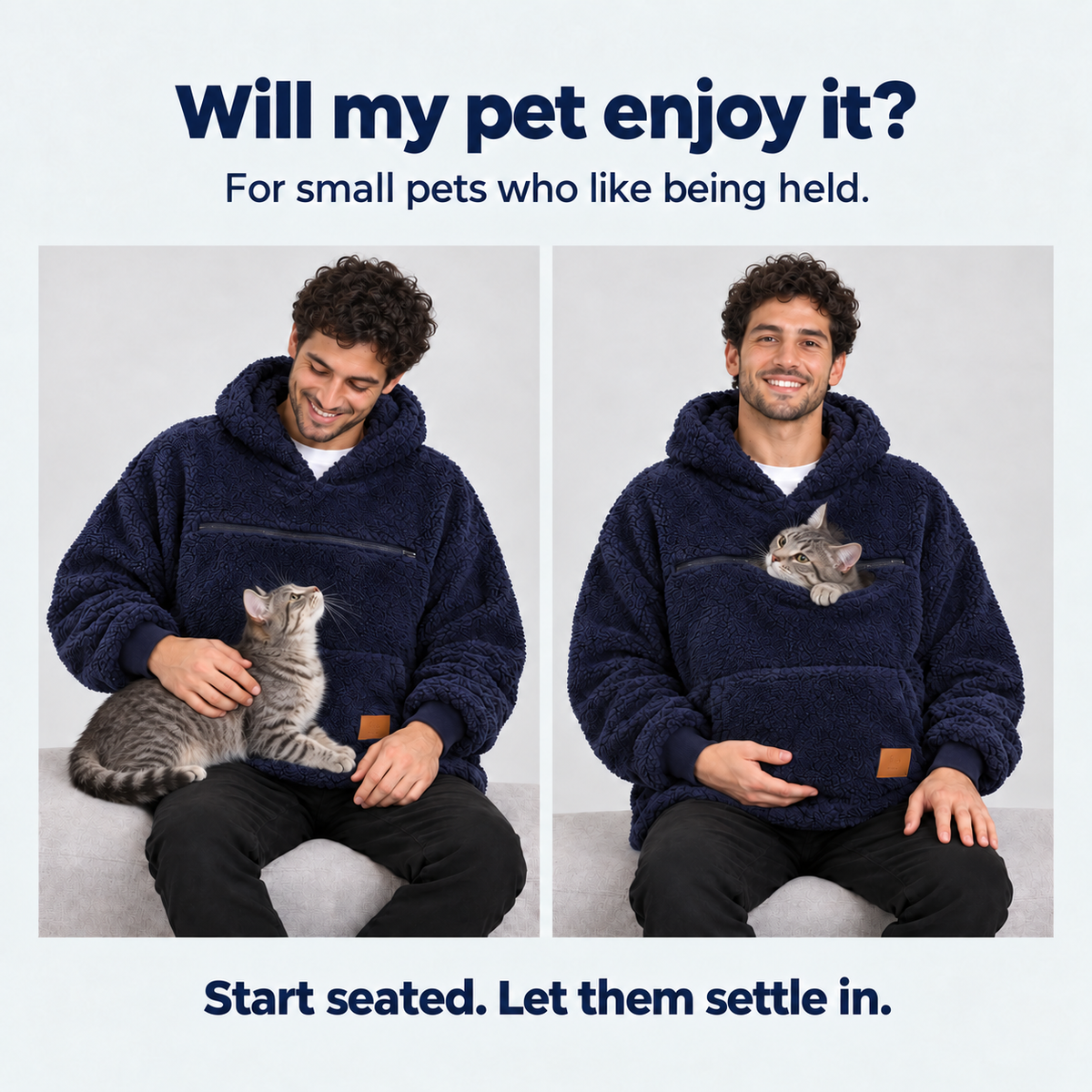 Man in a navy pet carrier hoodie introduces a gray tabby from his lap to the front pouch. Start seated. Let them settle in.