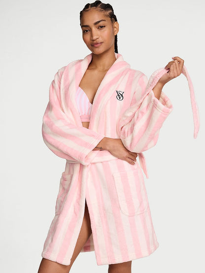 Victoria's Secret Cozy Plush Robe — Iconic Pink Stripes — front view